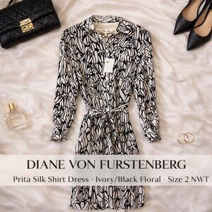 Diane Von Furstenberg Prita Silk Shirt Dress Ivory Black Floral Size 2 NWT